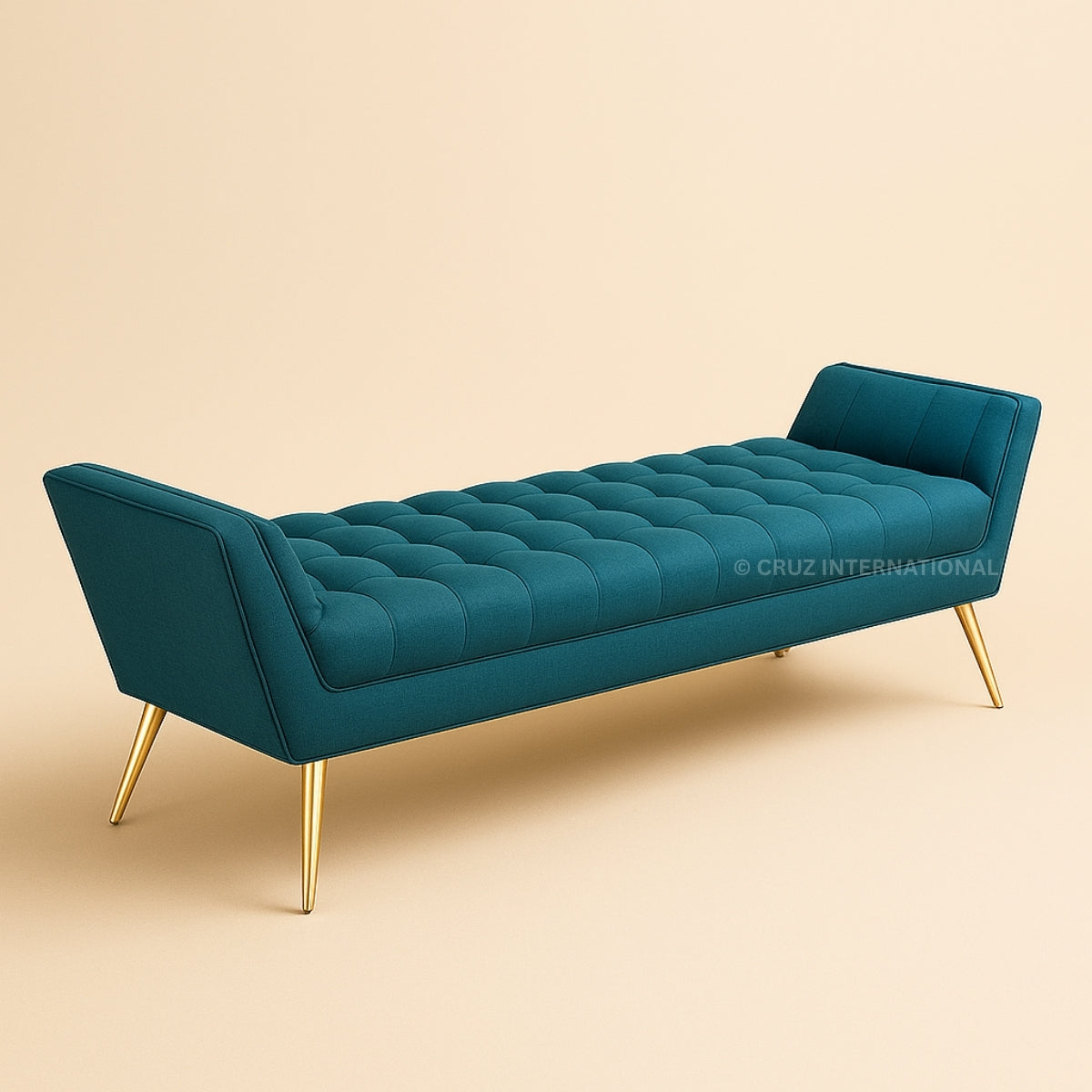 Teal bench with gold legs on a beige background